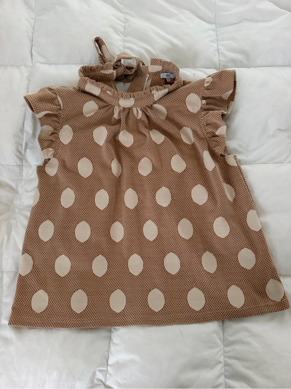 Polka Dot Ruffle Sleeveless Blouse - Beige/Cream